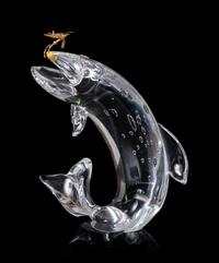 A Steuben Trout and Fly Glass Sculpture