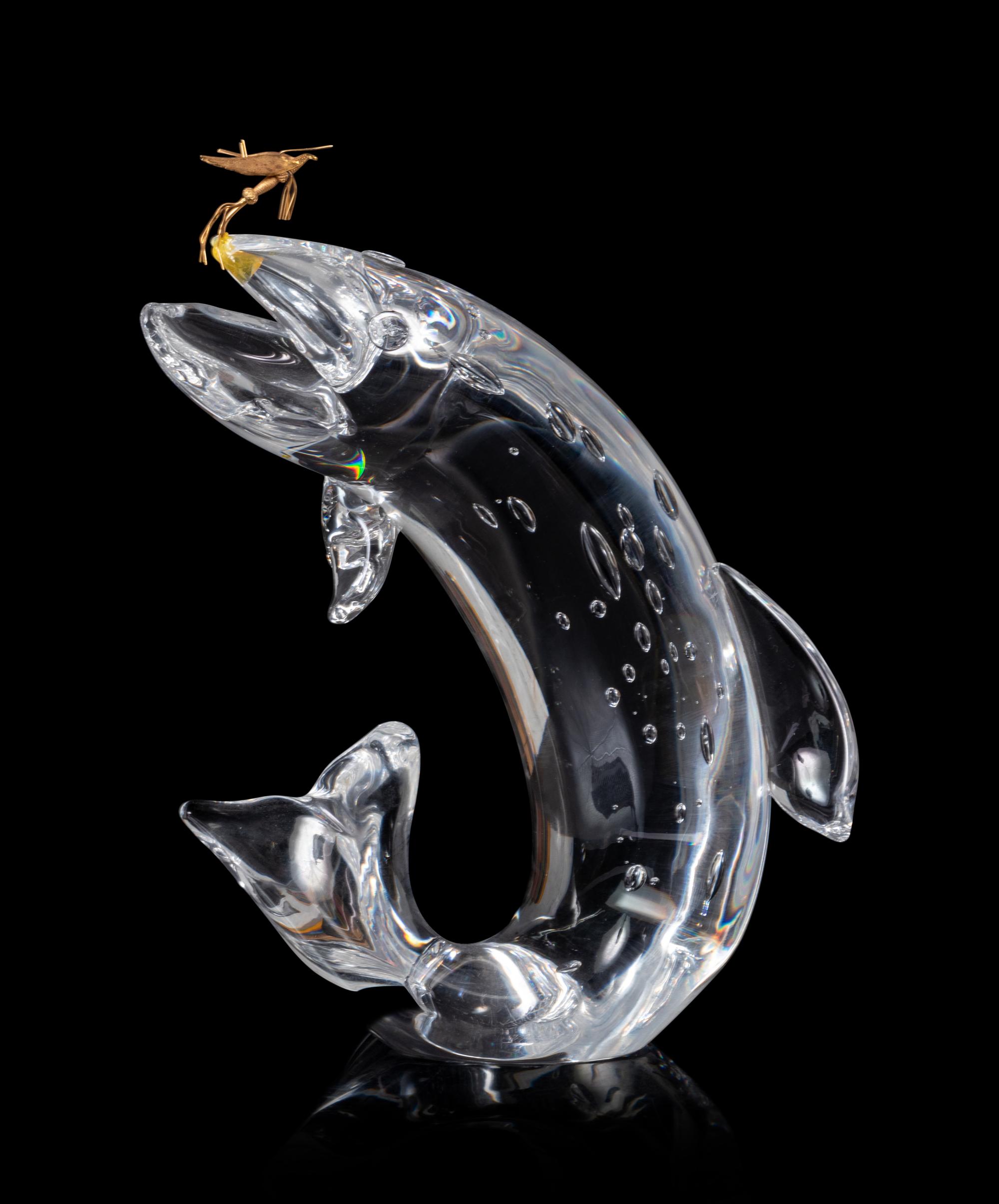 A Steuben Trout and Fly Glass Sculpture