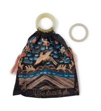 A Chinese Silk Embroidered Bag with Celadon Jade Ring Handles