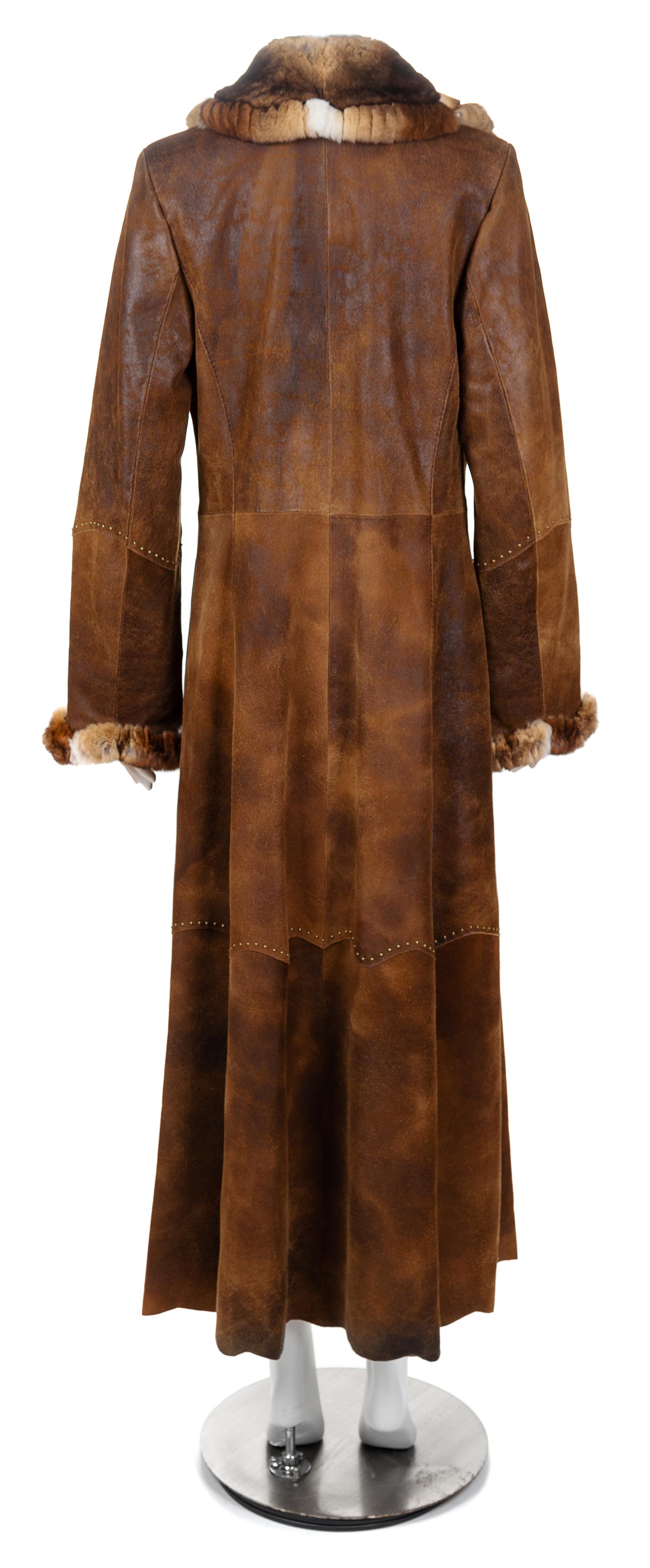 A Leather and French Lepom Rabbit Trimmed Full Length Coat, Size 42.