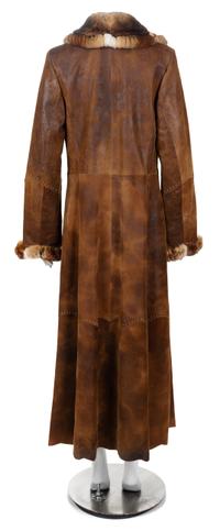 A Leather and French Lepom Rabbit Trimmed Full Length Coat, Size 42.