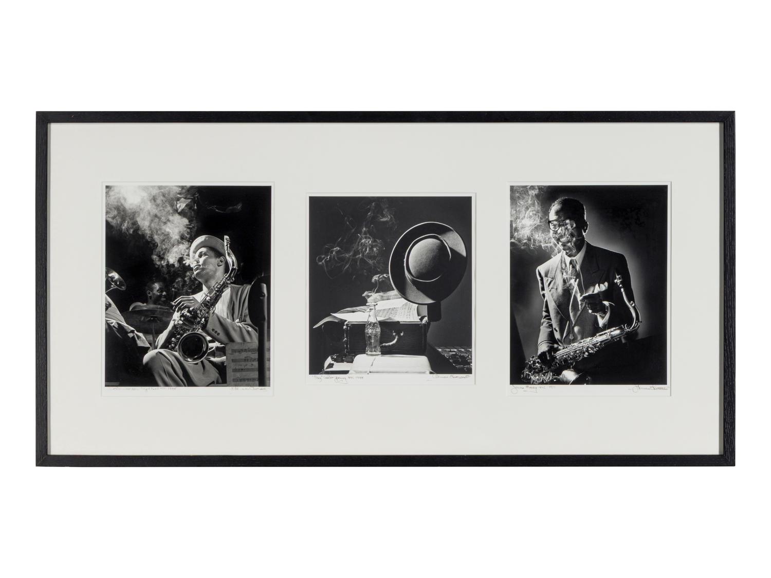 James Moody, NYC, 1951; "Prez" Lester Young, NYC, 1948; and Dexter Gordon, Royal Roost, NYC, 1948; (three works, mounted as a triptych)