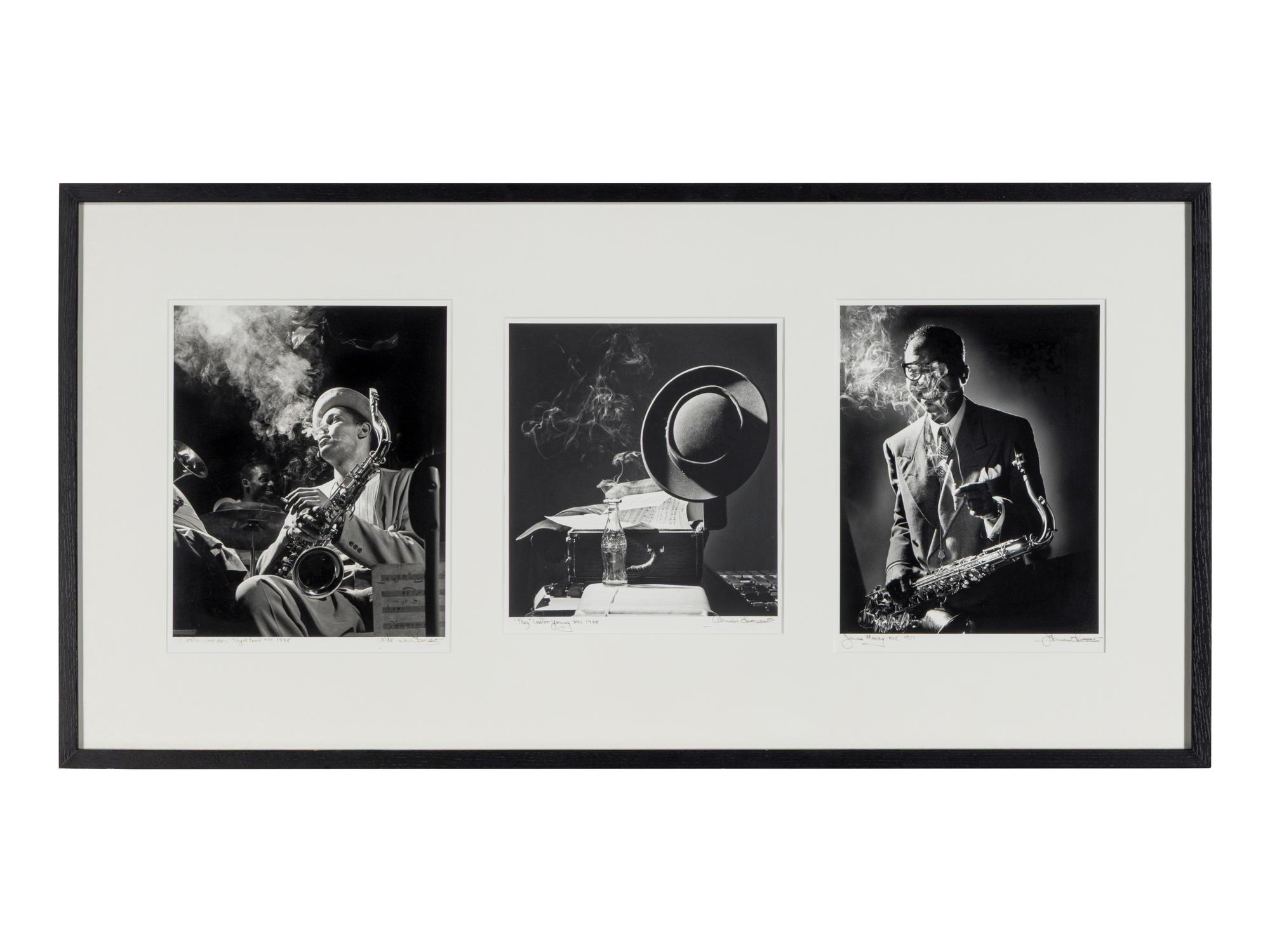James Moody, NYC, 1951; "Prez" Lester Young, NYC, 1948; and Dexter Gordon, Royal Roost, NYC, 1948; (three works, mounted as a triptych)