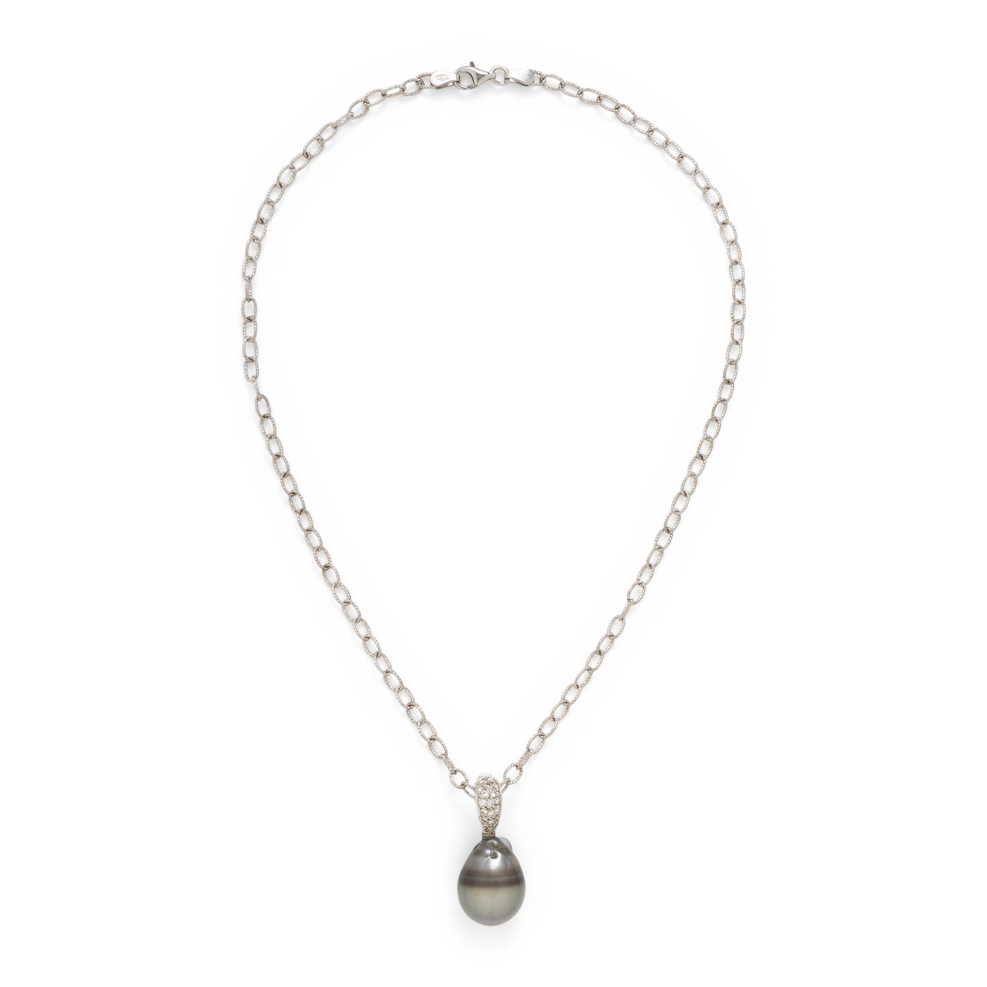 Cultured Gray Pearl, Diamond, and Platinum Pendant with Sterling Silver Chain