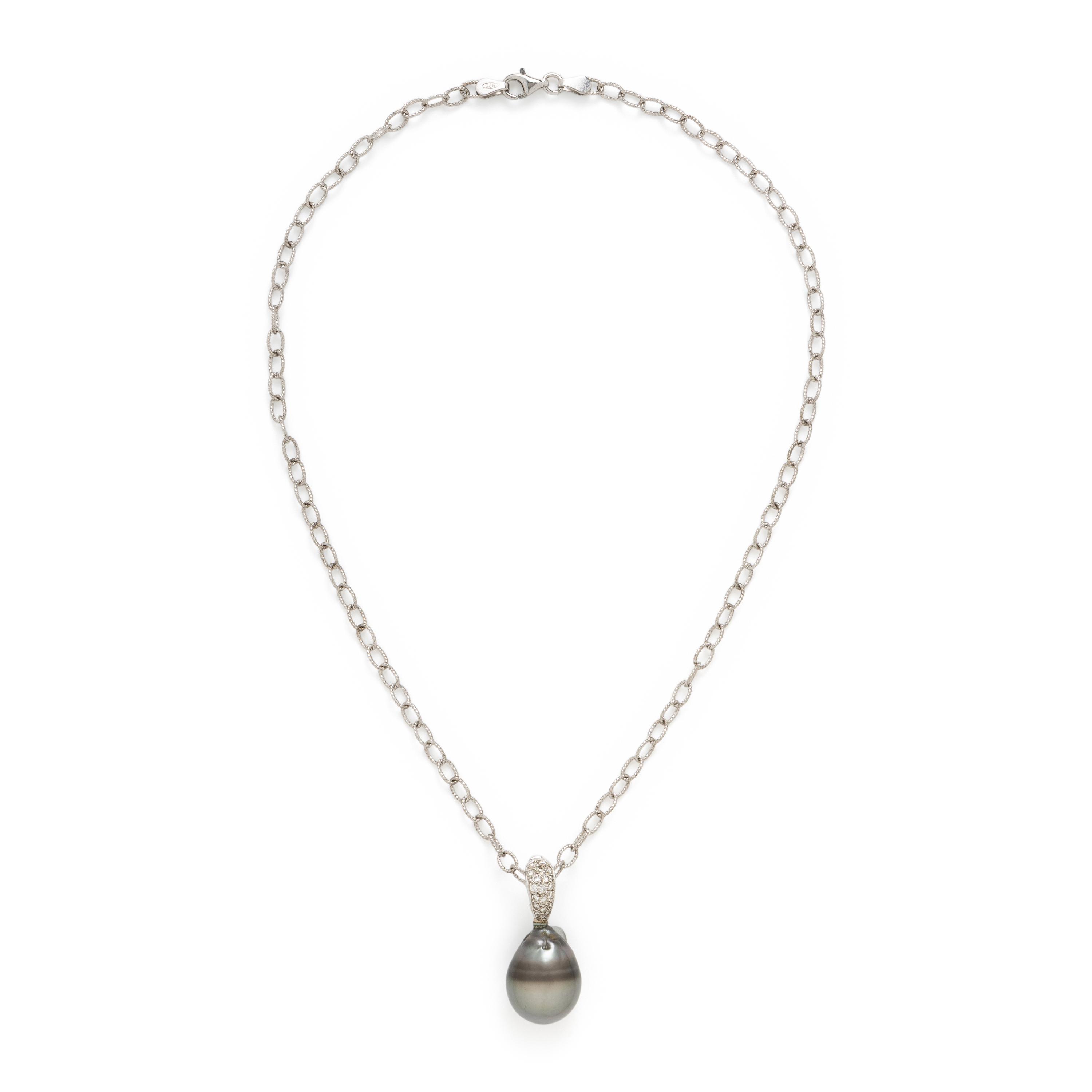Cultured Gray Pearl, Diamond, and Platinum Pendant with Sterling Silver Chain
