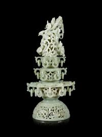 A Chinese Celadon Jade Model of a Pagoda