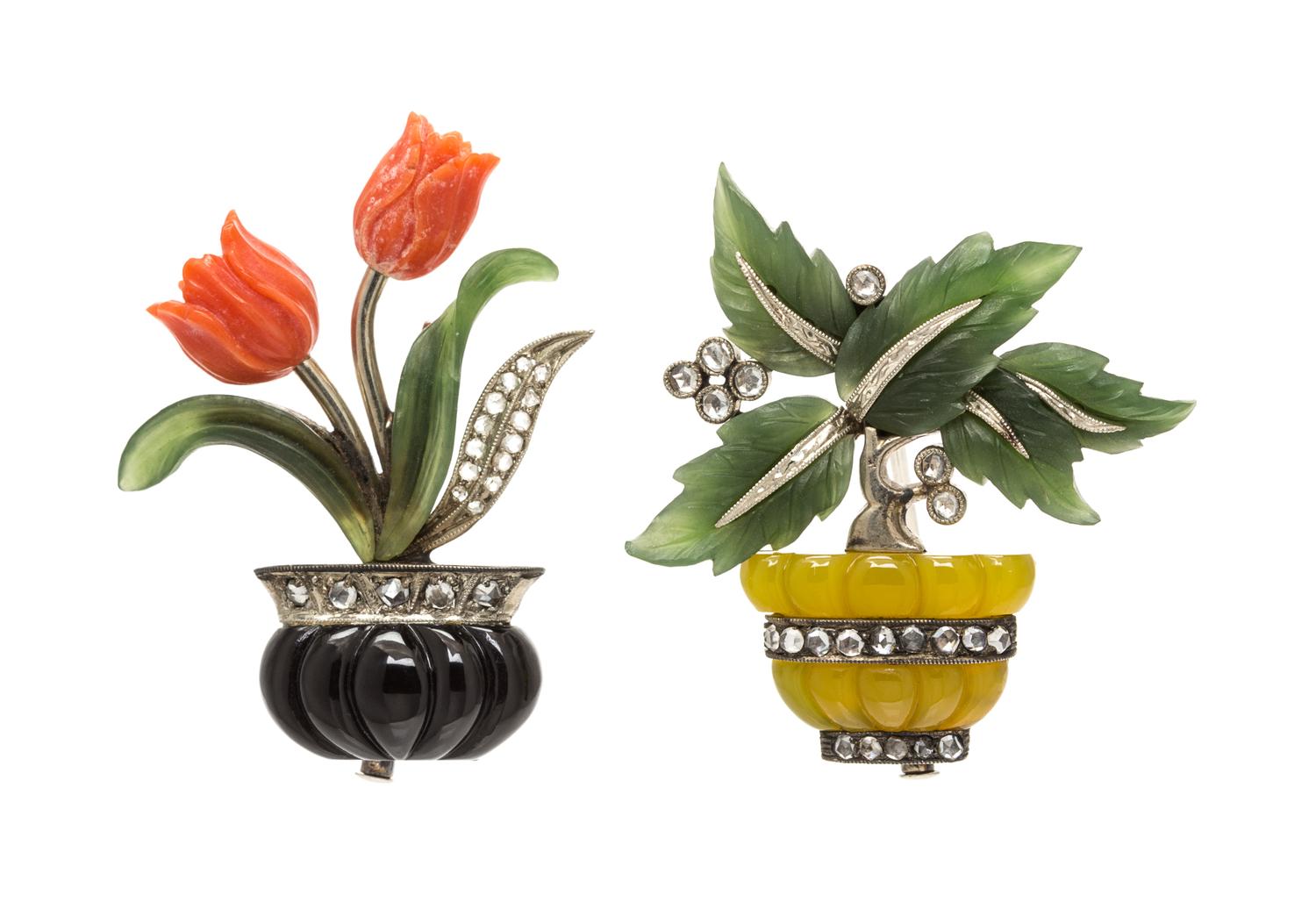 A Collection of White Gold, Nephrite Jade, Diamond and Multigem Giardinetto Brooches, 8.20 dwts.