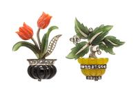 A Collection of White Gold, Nephrite Jade, Diamond and Multigem Giardinetto Brooches, 8.20 dwts.