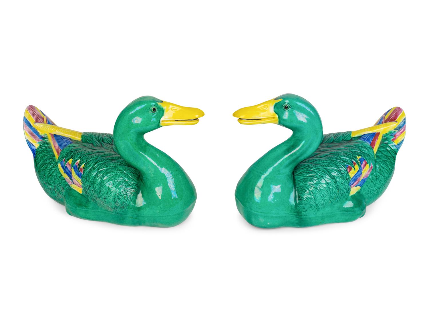 A Pair of Chinese Green Glazed Models of Ducks — 20TH CENTURY