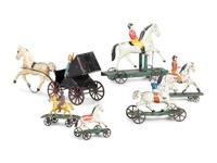 A Group of Six Pressed and Painted Tin Horse and Farm Animal Form Pull Toys