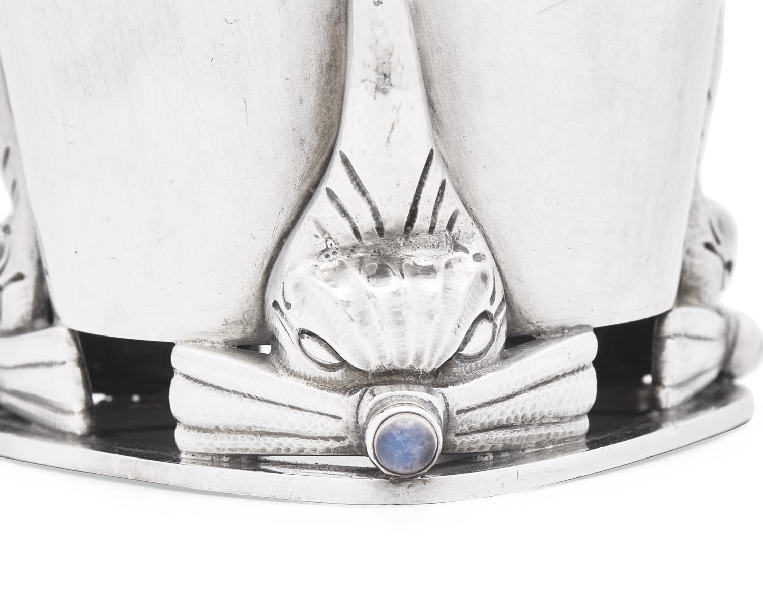 A Set of Six Georg Jensen Silver and Moonstone Mounted Beakers