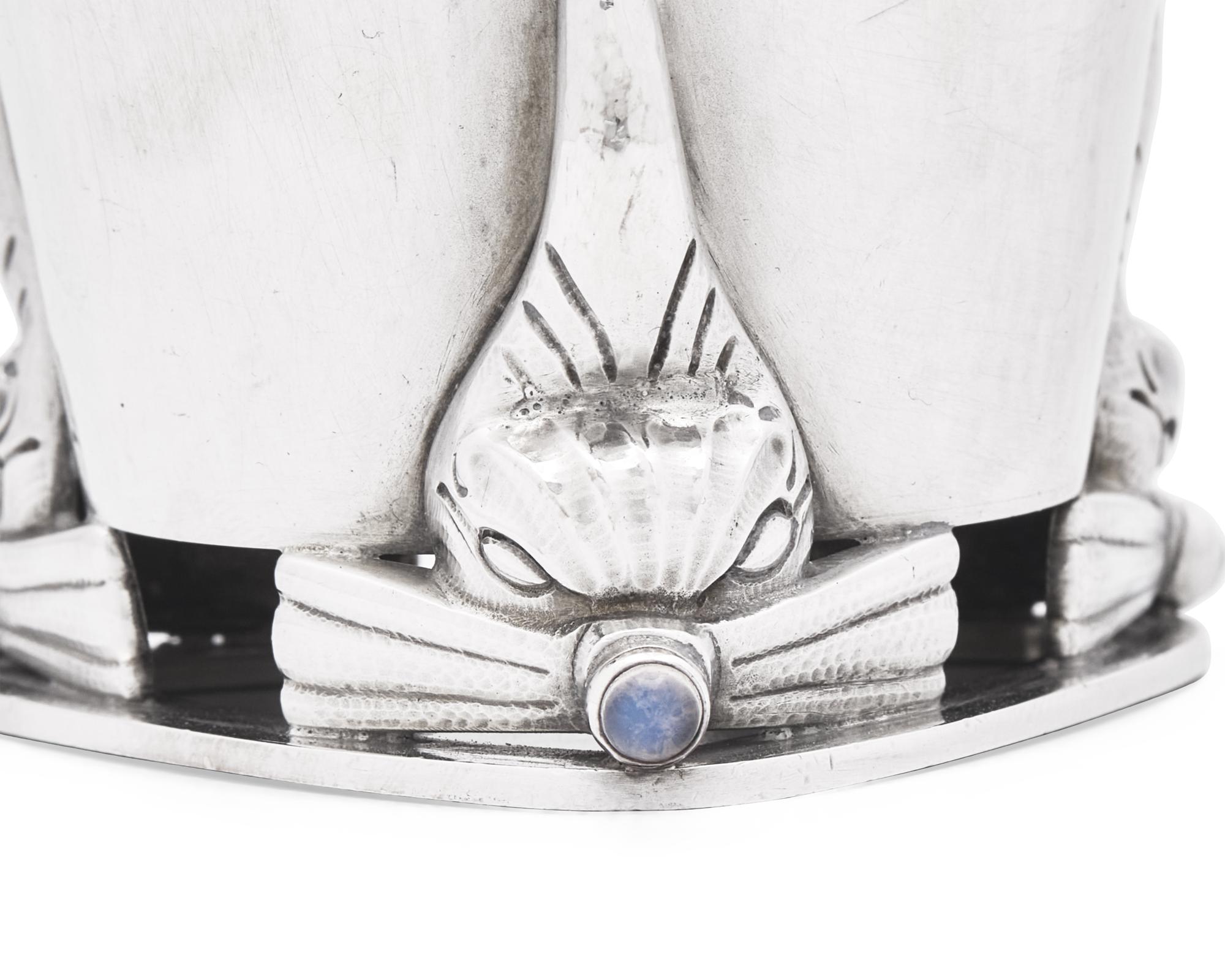 A Set of Six Georg Jensen Silver and Moonstone Mounted Beakers