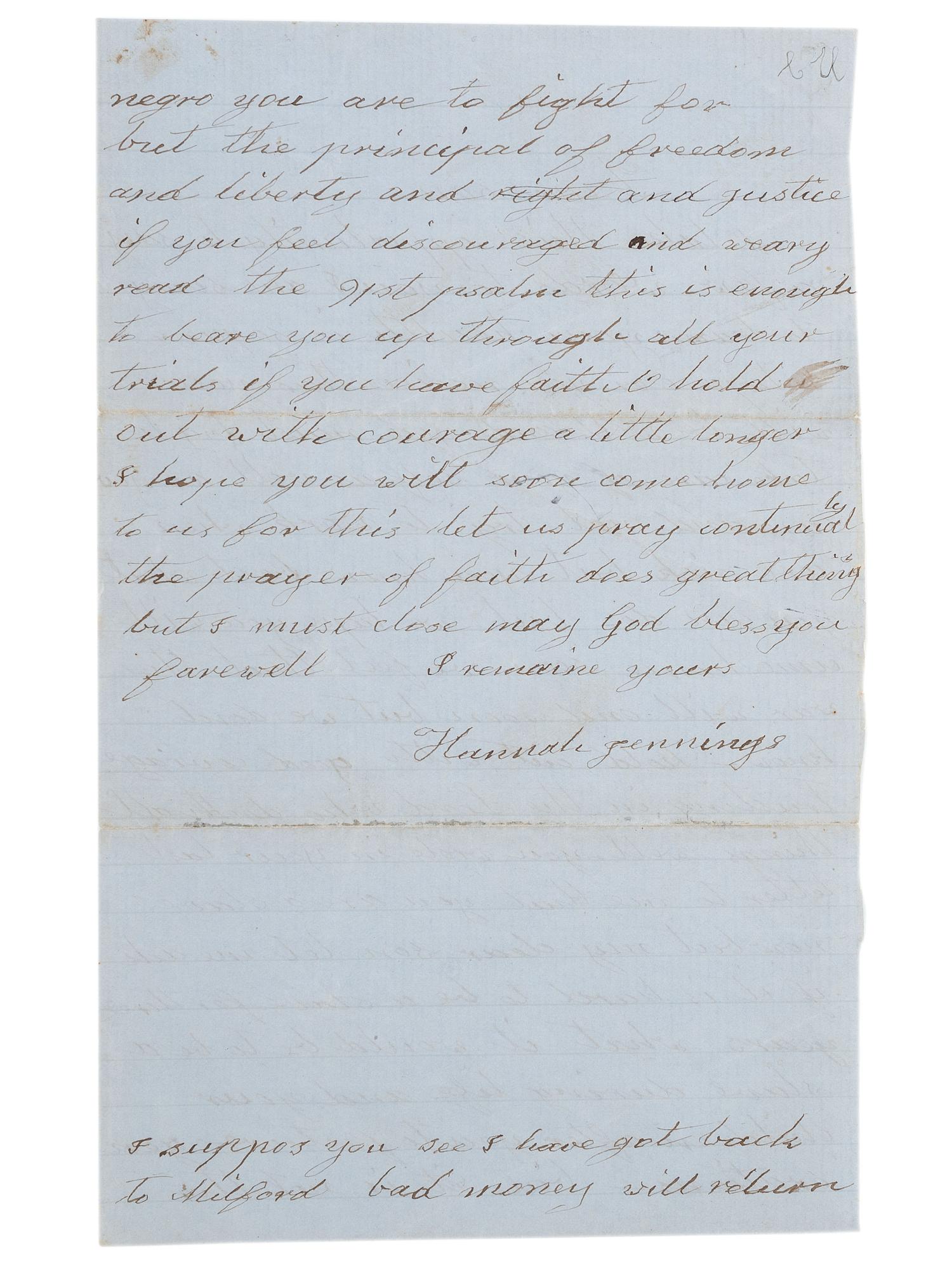 [CIVIL WAR] -- [SLAVERY & ABOLITION]. War-date letter from an African American mother to her son referencing slavery and the fight for freedom.