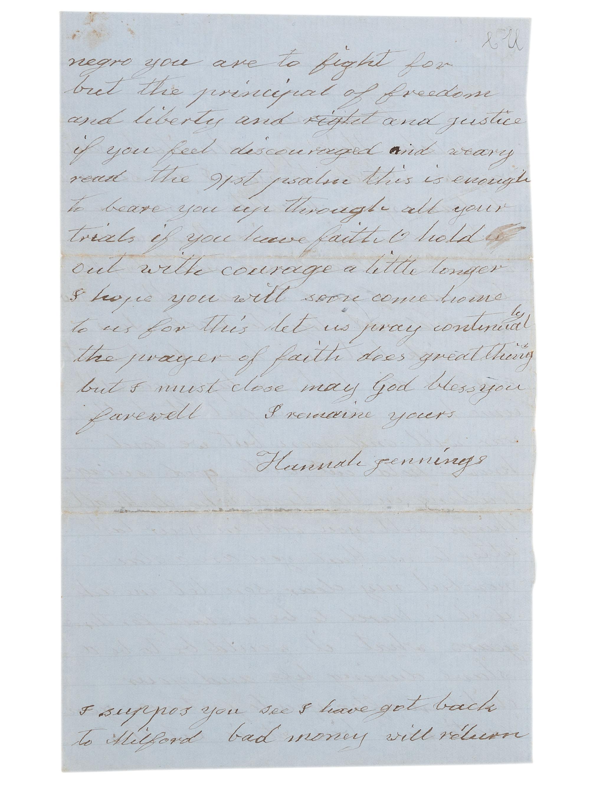 [CIVIL WAR] -- [SLAVERY & ABOLITION]. War-date letter from an African American mother to her son referencing slavery and the fight for freedom.
