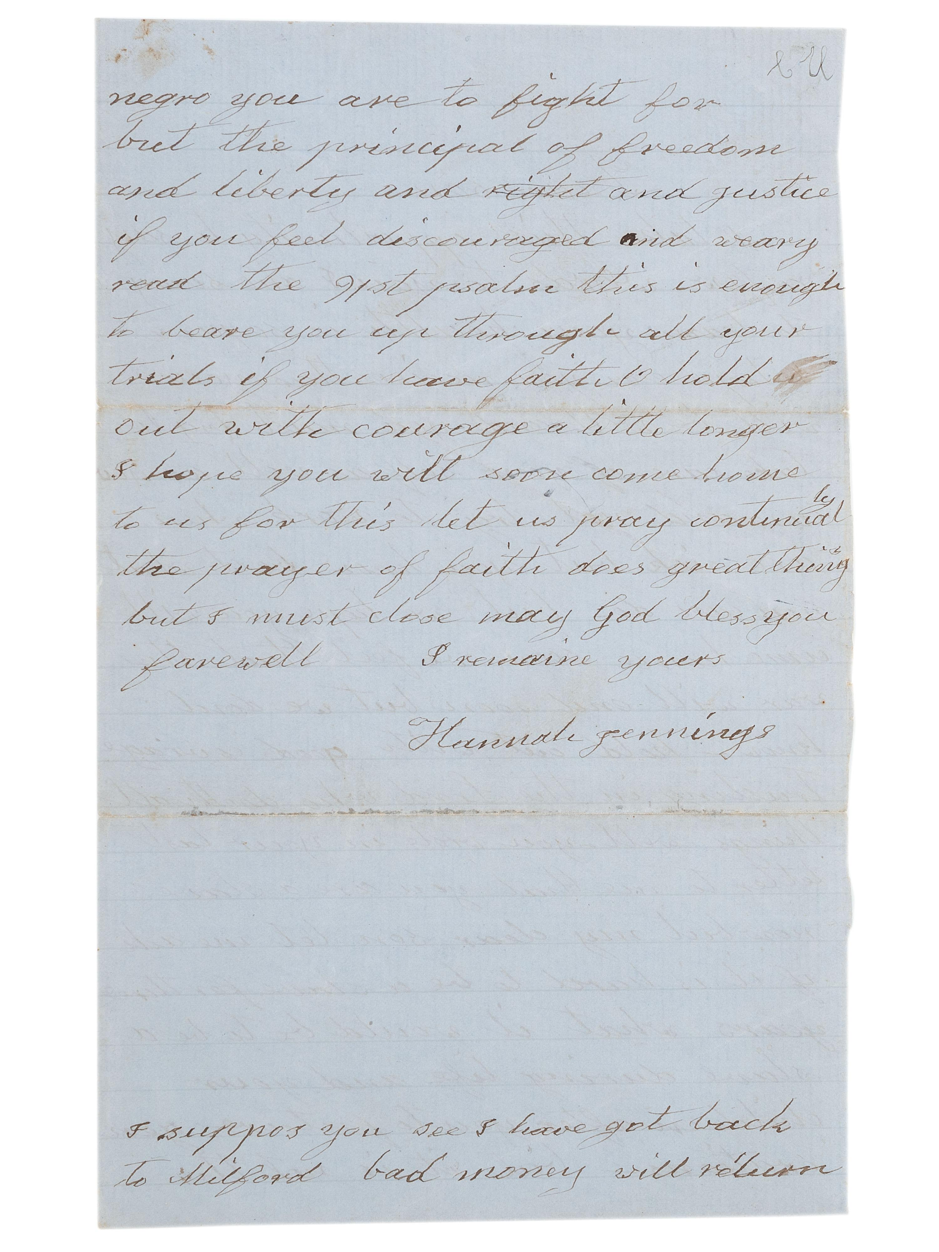 [CIVIL WAR] -- [SLAVERY & ABOLITION]. War-date letter from an African American mother to her son referencing slavery and the fight for freedom.