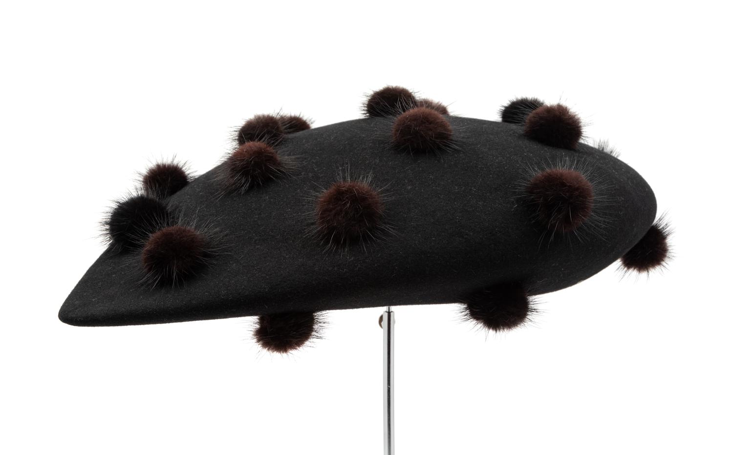 Philip Treacy Black Elliptical Hat with Fur Balls, 1990-2000s