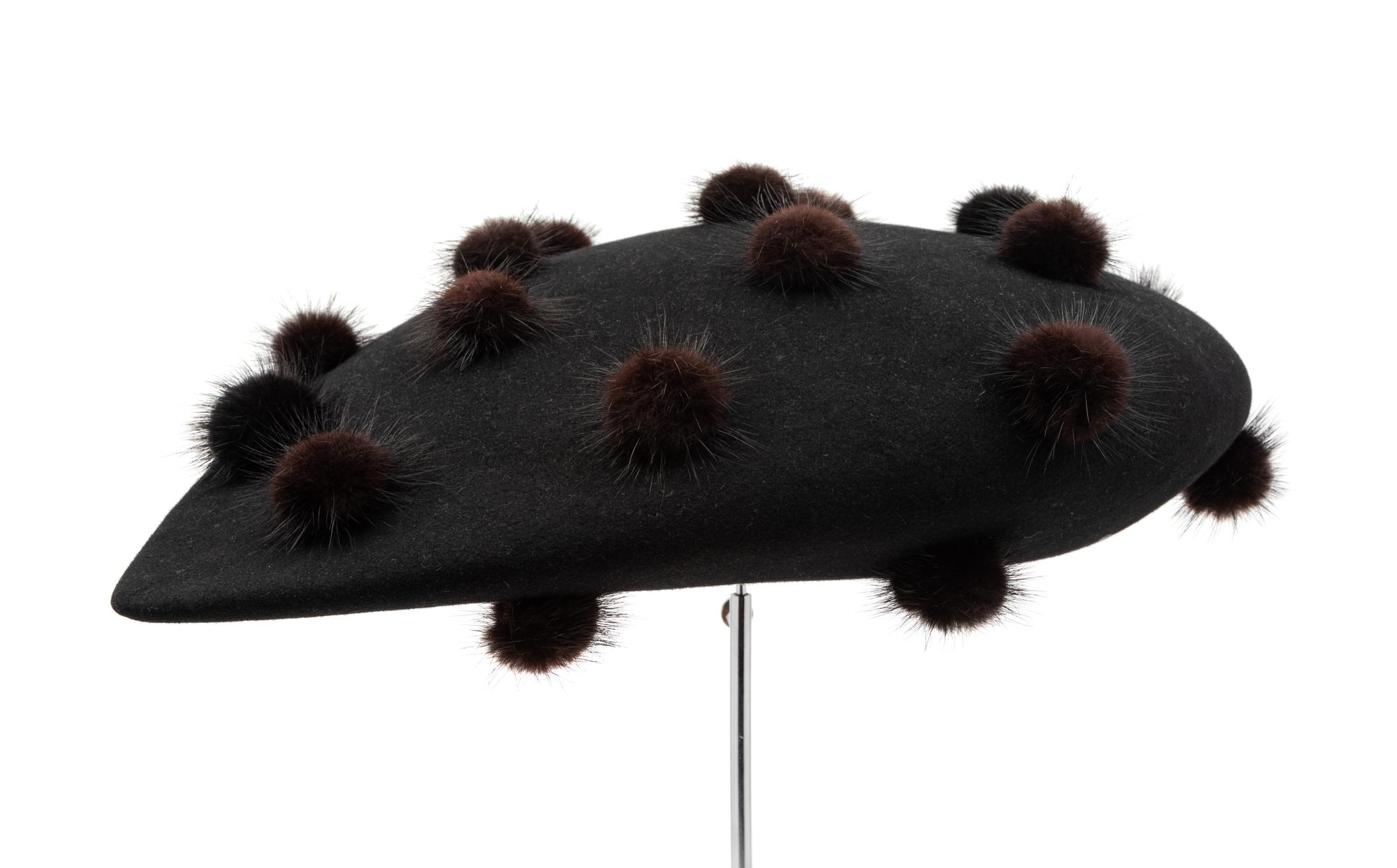 Philip Treacy Black Elliptical Hat with Fur Balls, 1990-2000s