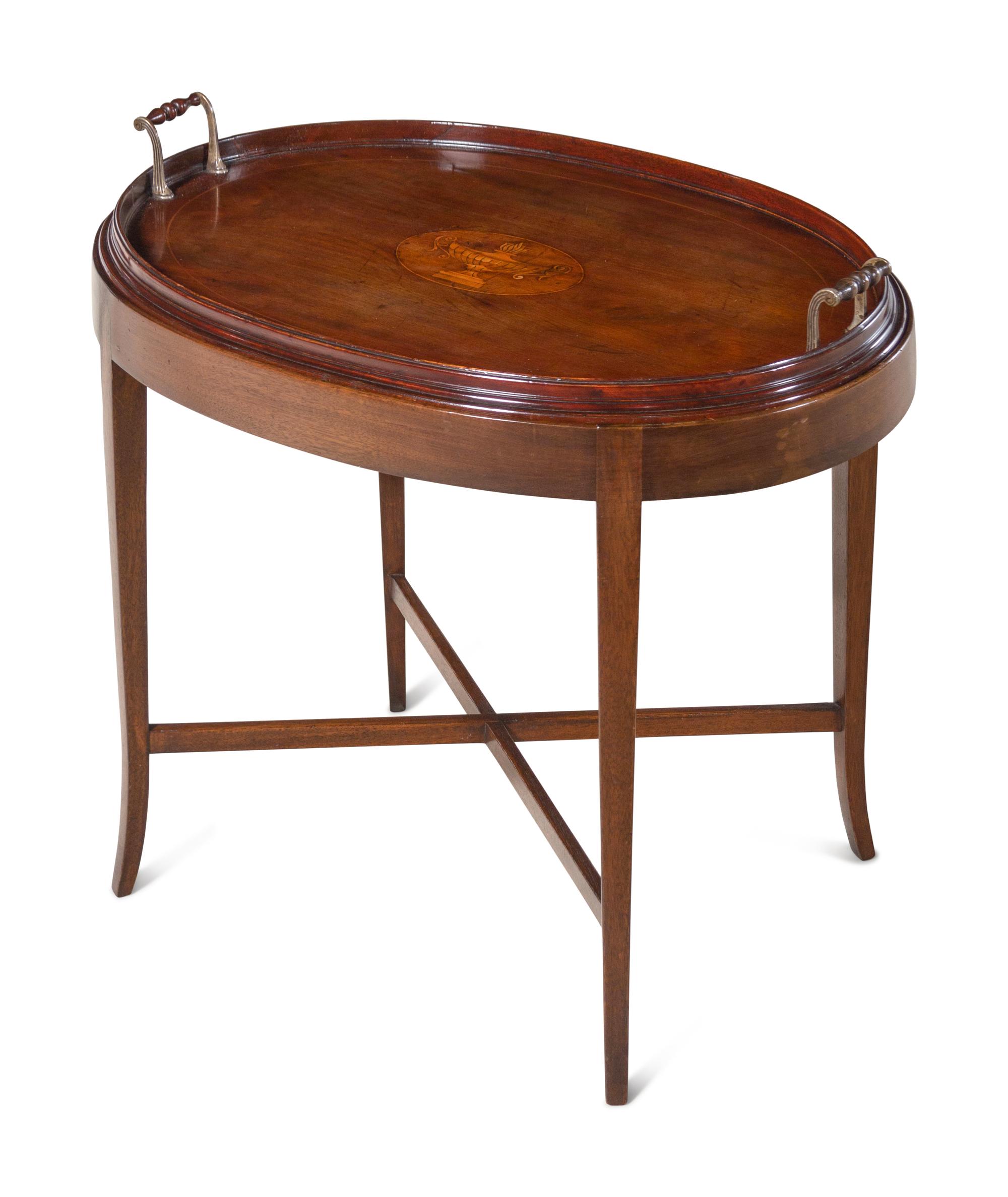 An Inlaid Mahogany Tea Tray on Later Stand