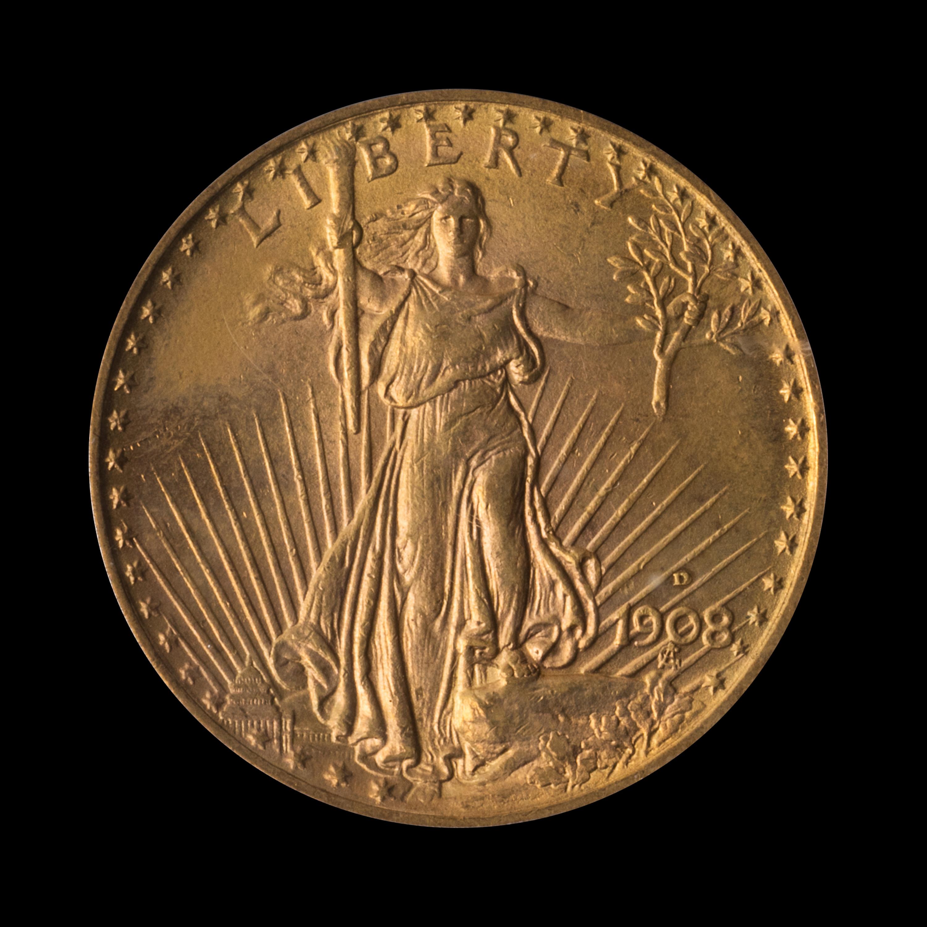 A United States 1908-D St. Gaudens: Motto $20 Gold Coin