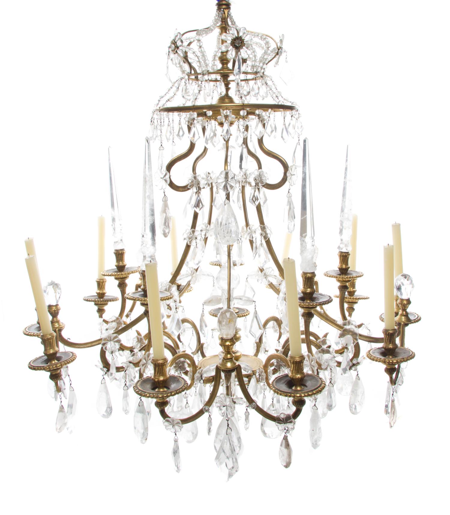 A Northern European Gilt Bronze and Rock Crystal Ten-Light Chandelier Height 44 x diameter 35 inches. — 18TH CENTURY WITH LATER ELEMENTS