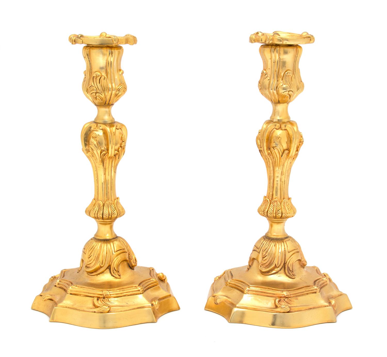 A Pair of Louis XV Style Gilt Bronze Candlesticks Height 10 1/2 inches. — 20TH CENTURY