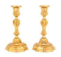 A Pair of Louis XV Style Gilt Bronze Candlesticks Height 10 1/2 inches. — 20TH CENTURY