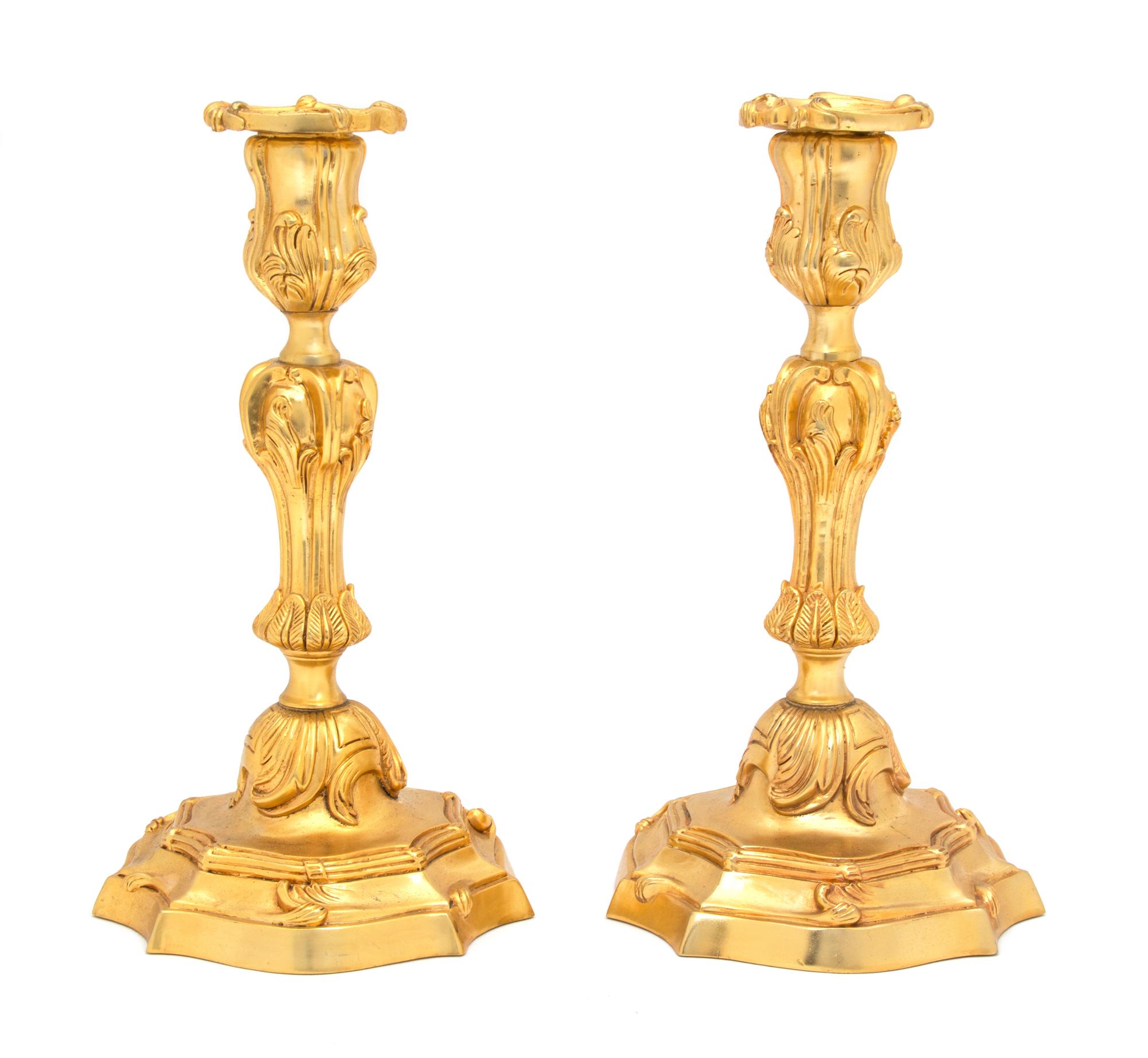 A Pair of Louis XV Style Gilt Bronze Candlesticks Height 10 1/2 inches. — 20TH CENTURY