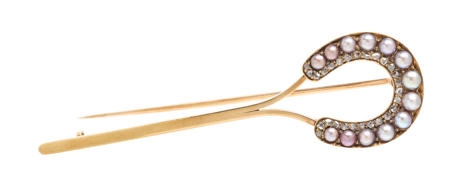An Antique Gold, Seed Pearl and Diamond Horse Shoe Brooch, 5.80 dwts.