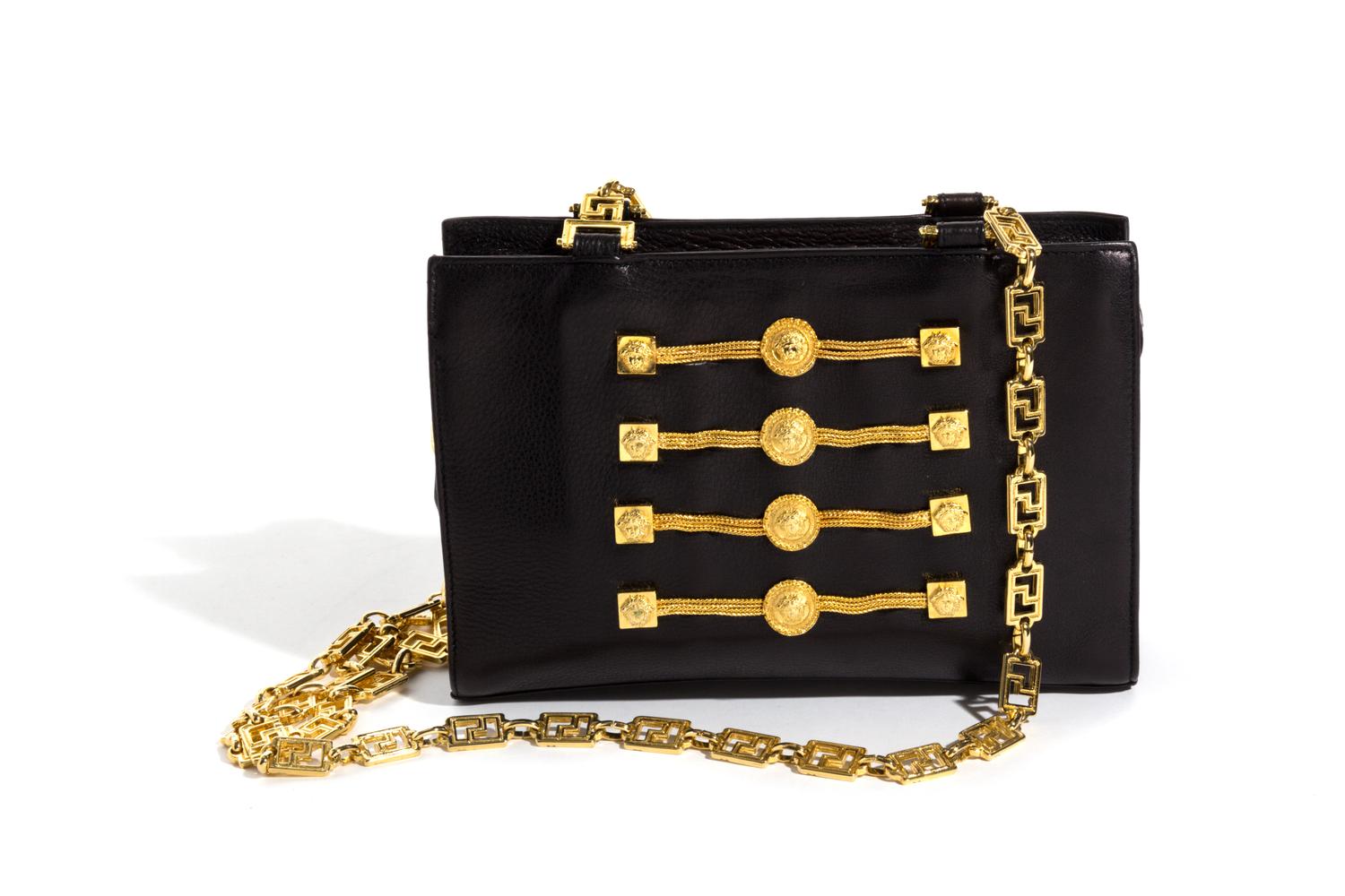 A Gianni Versace Black Leather Chain Shoulder Bag, 9.25" x 6.25" x 2.75"; Strap drop: 18.75".