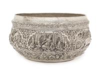 A Large Burmese Repousse and Engraved Silver Bowl LATE 19TH/EARLY 20TH CENTURY Diameter 10 3/4, 45.66 ozt. — LATE 19TH/EARLY 20TH CENTURY