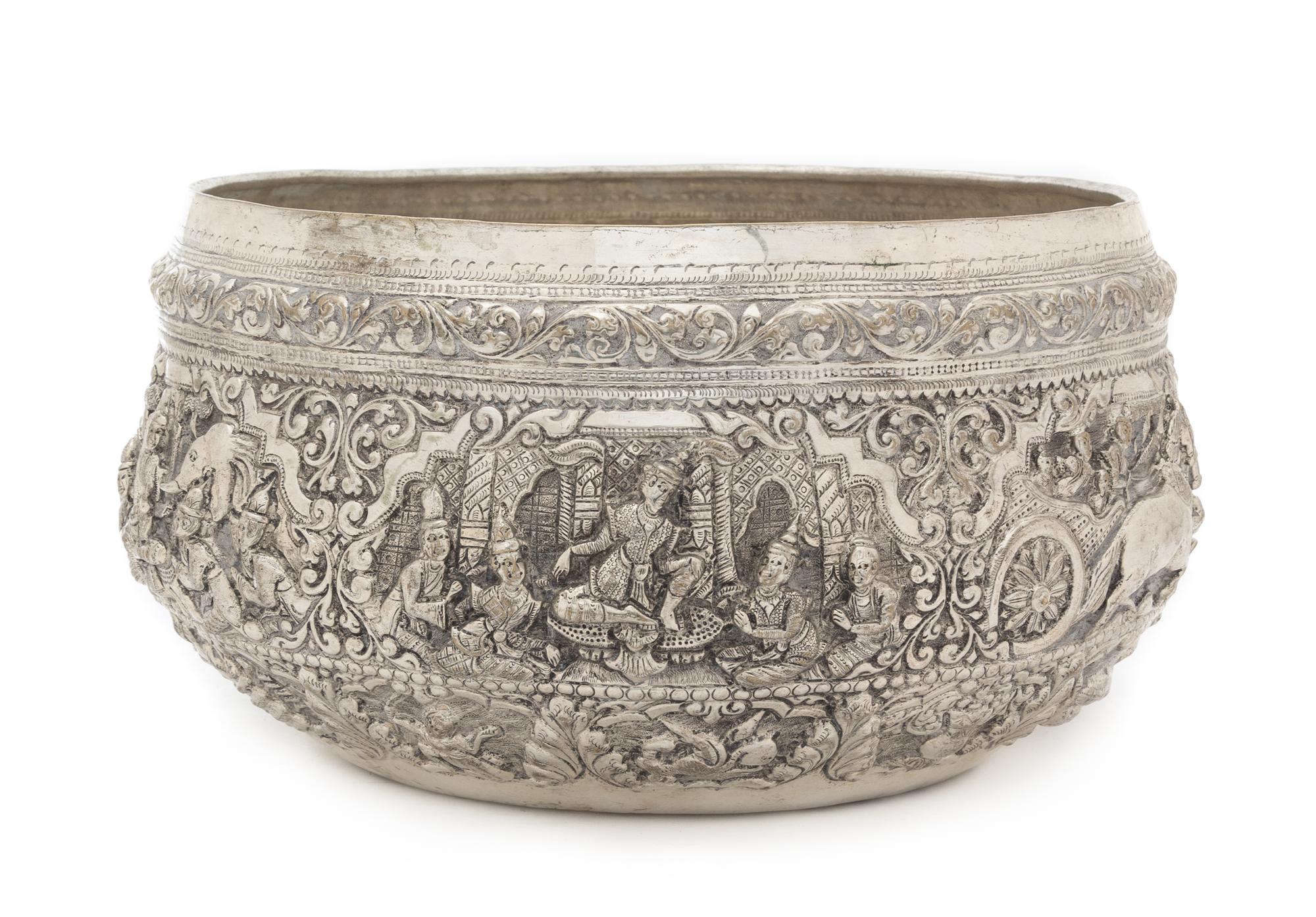 A Large Burmese Repousse and Engraved Silver Bowl LATE 19TH/EARLY 20TH CENTURY Diameter 10 3/4, 45.66 ozt. — LATE 19TH/EARLY 20TH CENTURY