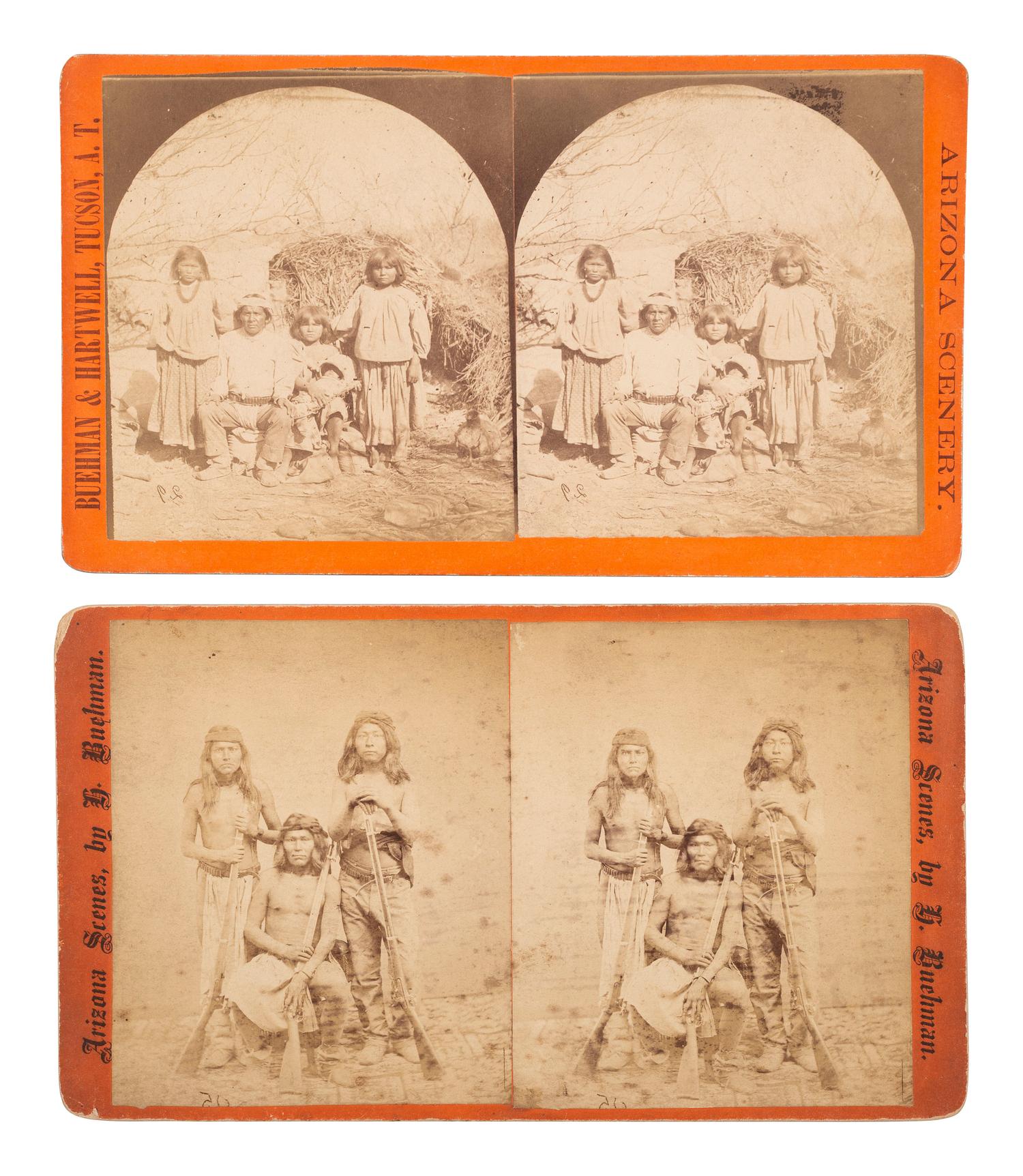 [NATIVE AMERICANS]. BUEHMAN & HARTWELL, photographers. A group of 2 stereoviews of Apache Indians. Tucson, AZ: 1880s.