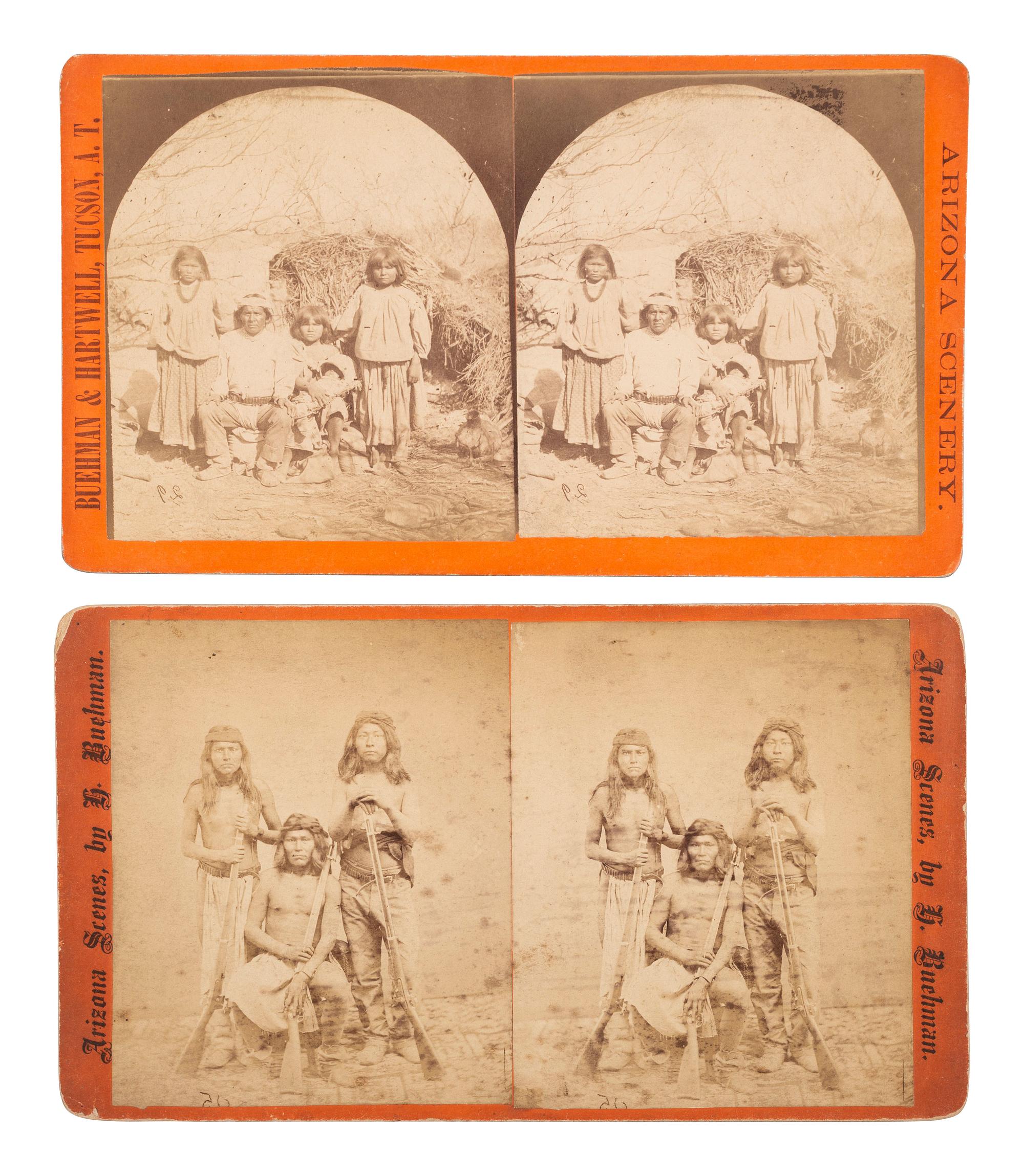 [NATIVE AMERICANS]. BUEHMAN & HARTWELL, photographers. A group of 2 stereoviews of Apache Indians. Tucson, AZ: 1880s.