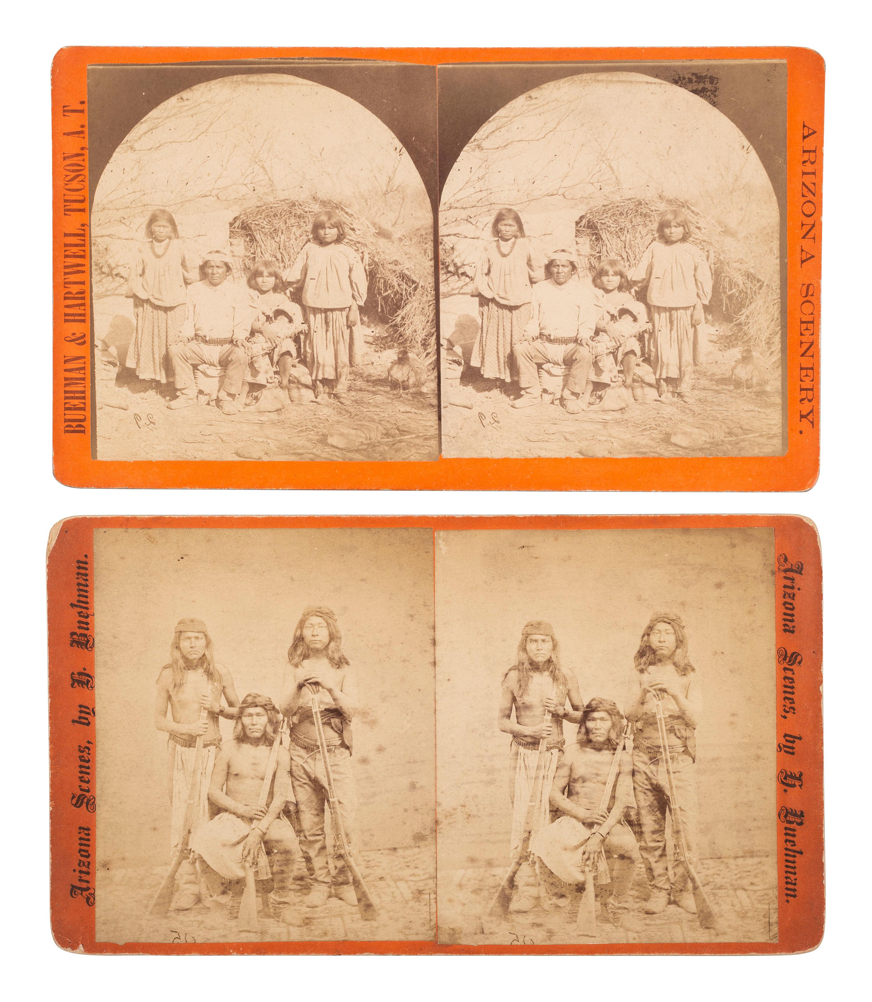 [NATIVE AMERICANS]. BUEHMAN & HARTWELL, photographers. A group of 2 stereoviews of Apache Indians. Tucson, AZ: 1880s.