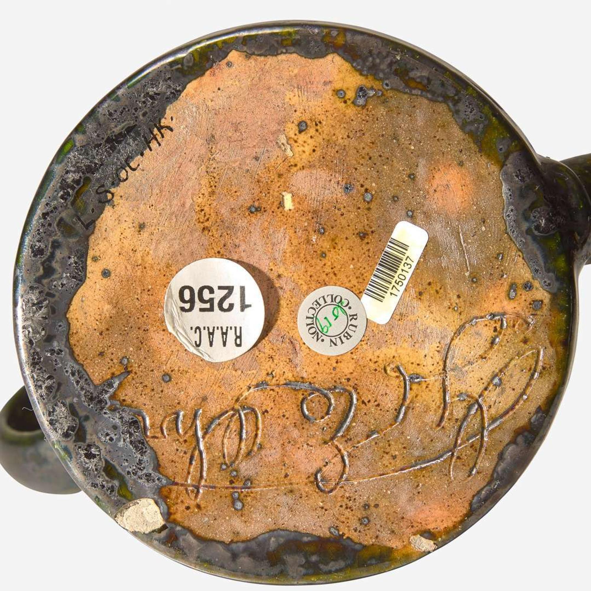 George Ohr (American, 1857-1918) Fine Large "Molly Poem" Twin-Handled Vessel in Olive Drip Glaze with Speckled Brown Interior, Biloxi, Mississippi, USA, circa 1898-1910