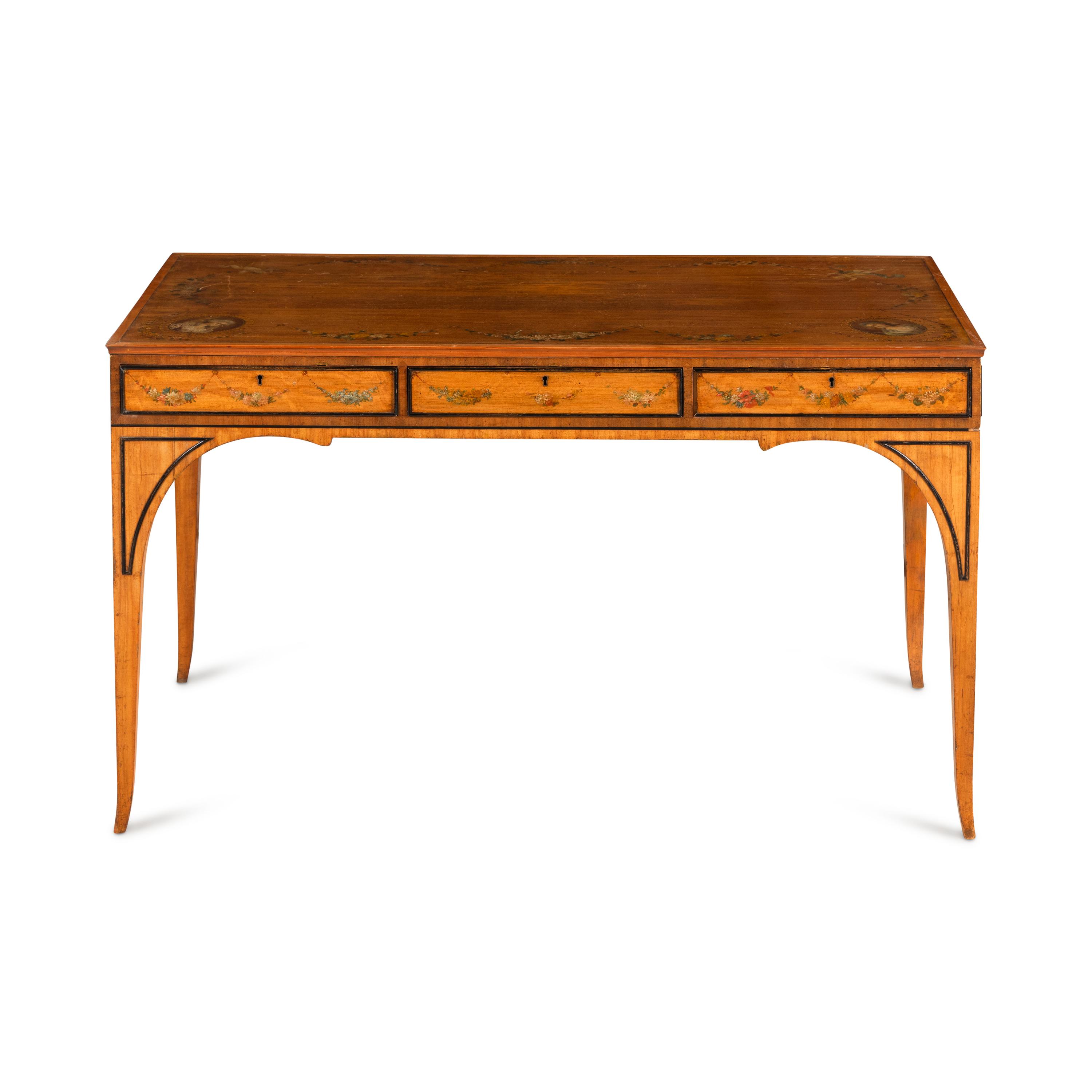 An Edwardian Satinwood and Polychrome Painted Library Table