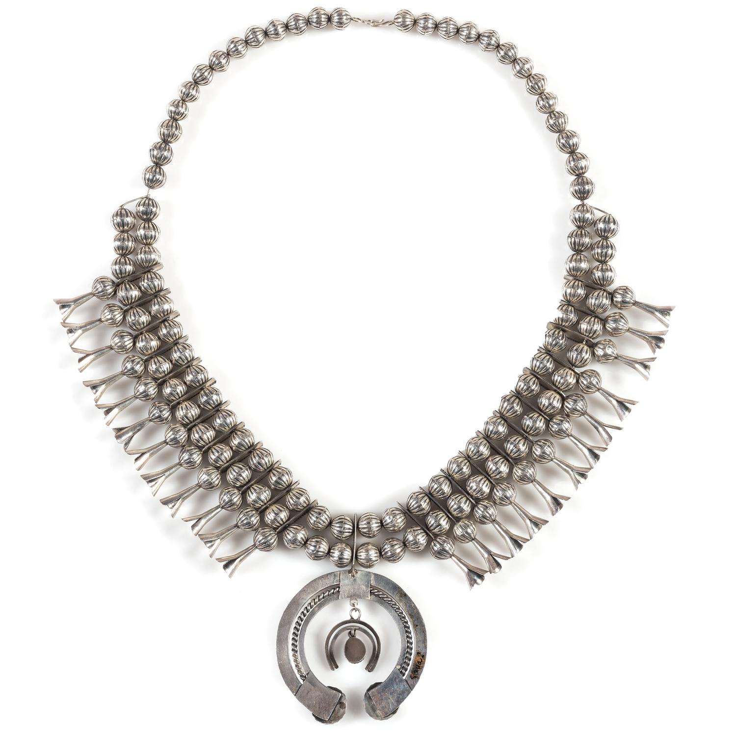 Navajo Sterling Silver and Turquoise Squash Blossom Necklace
