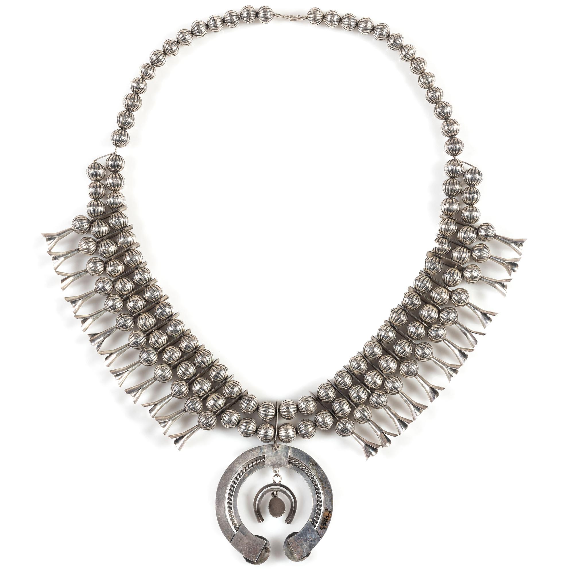 Navajo Sterling Silver and Turquoise Squash Blossom Necklace