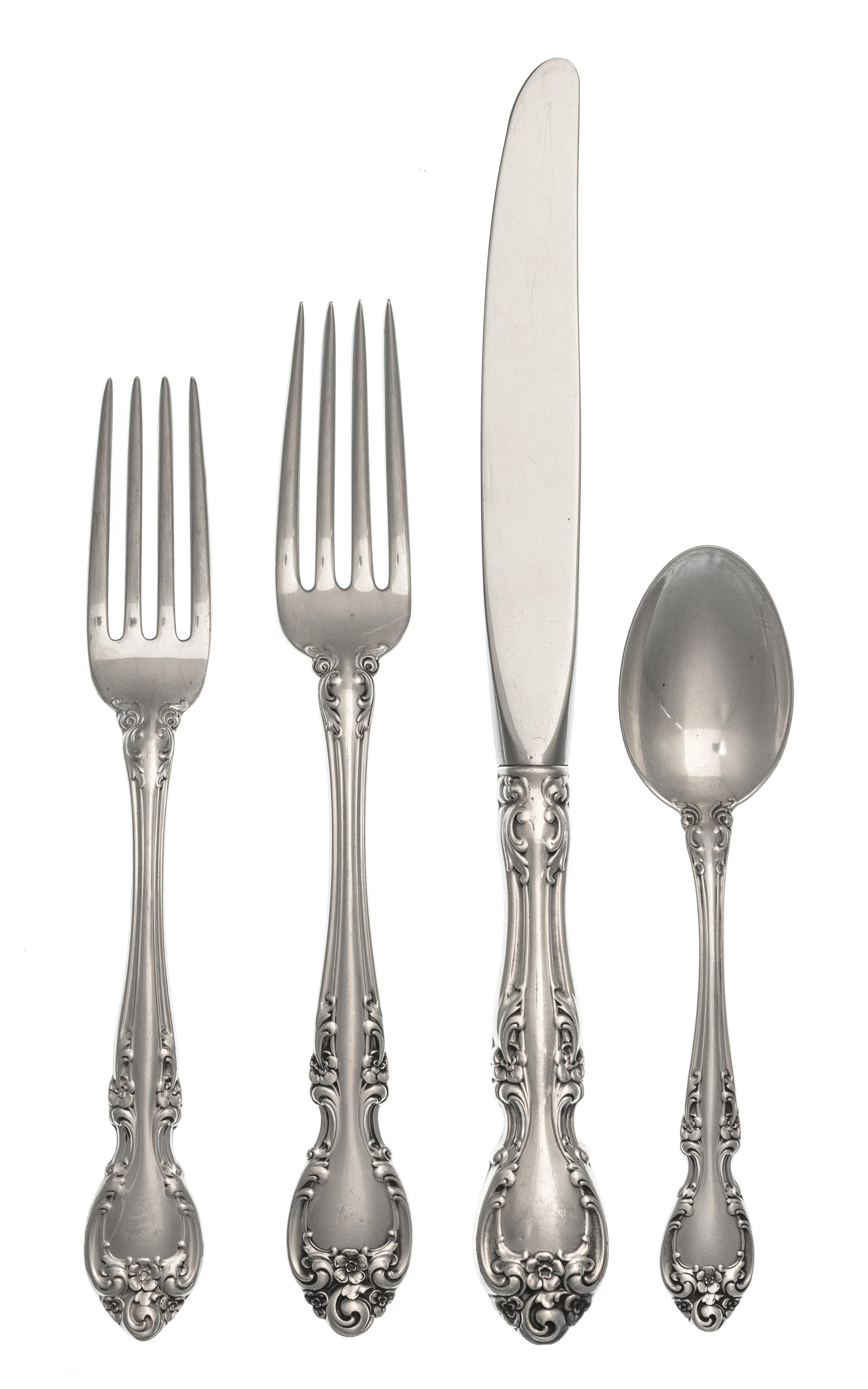 An American Silver Flatware Service, Gorham Mfg. Co., Providence, RI, Melrose pattern, comprising: 12 dinner knives 12 dinner forks 12