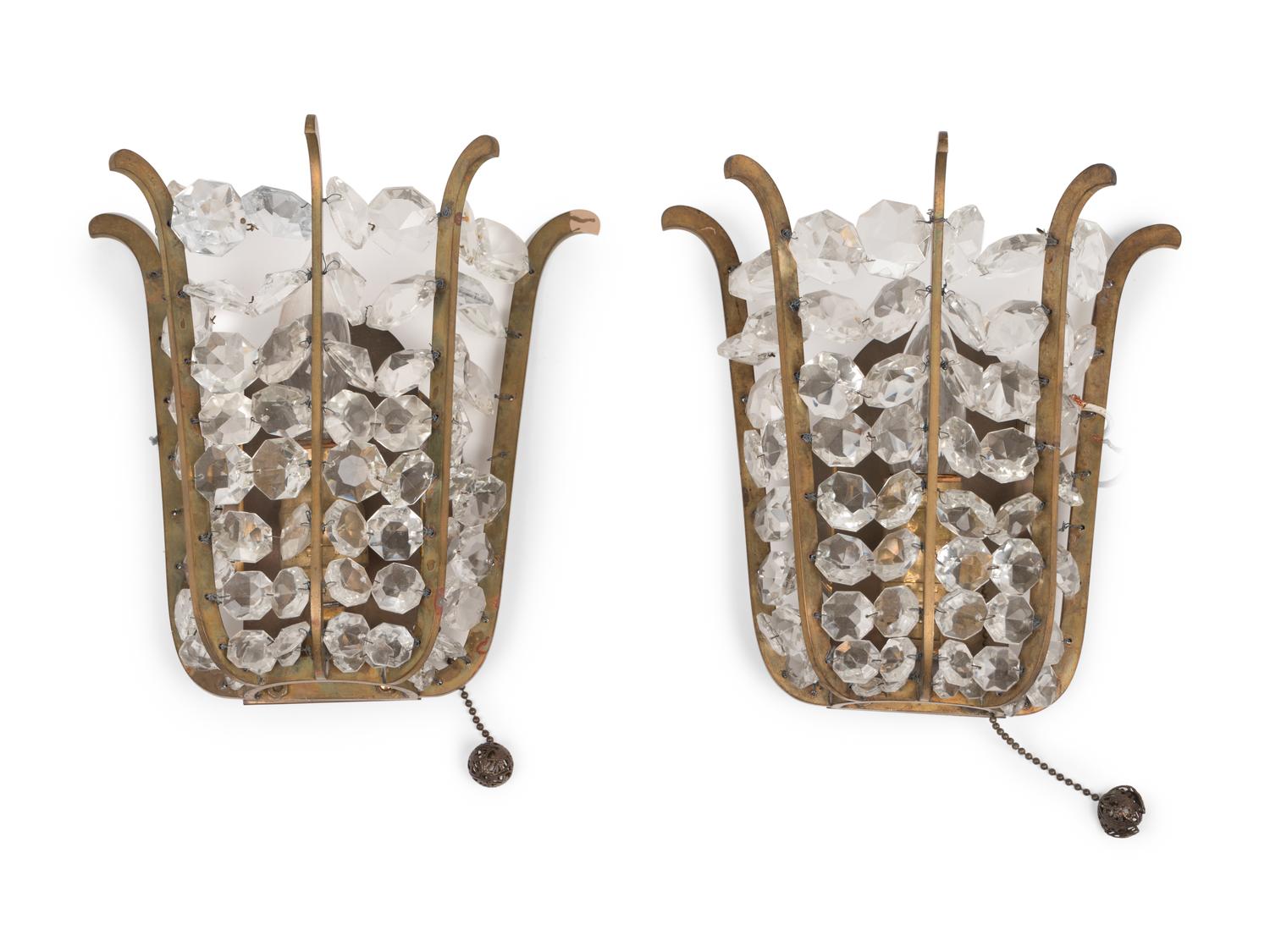 A Pair of Gilt Bronze and Glass Single-Light Sconces
