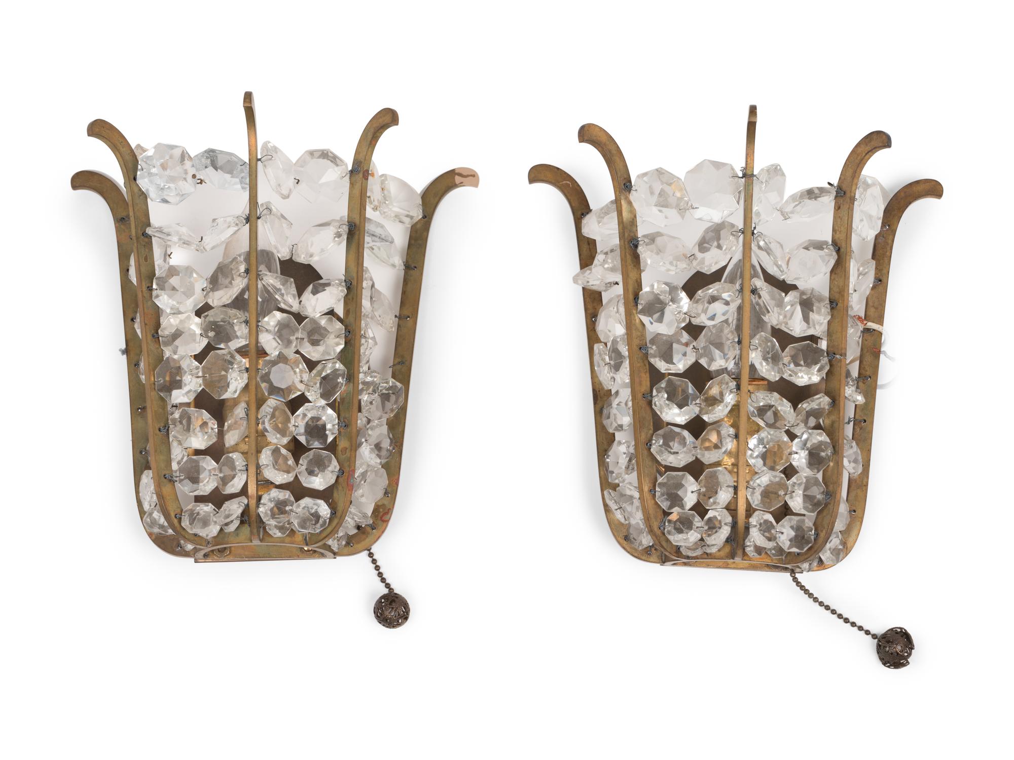 A Pair of Gilt Bronze and Glass Single-Light Sconces