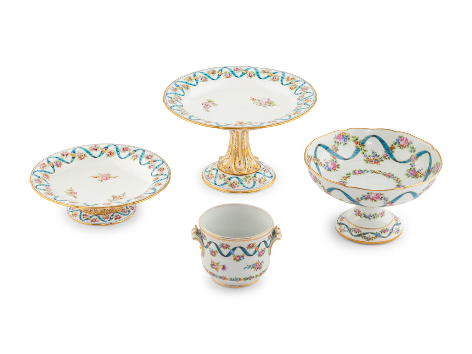 Five Sèvres Style Porcelain Rubans Bleu Céleste Articles