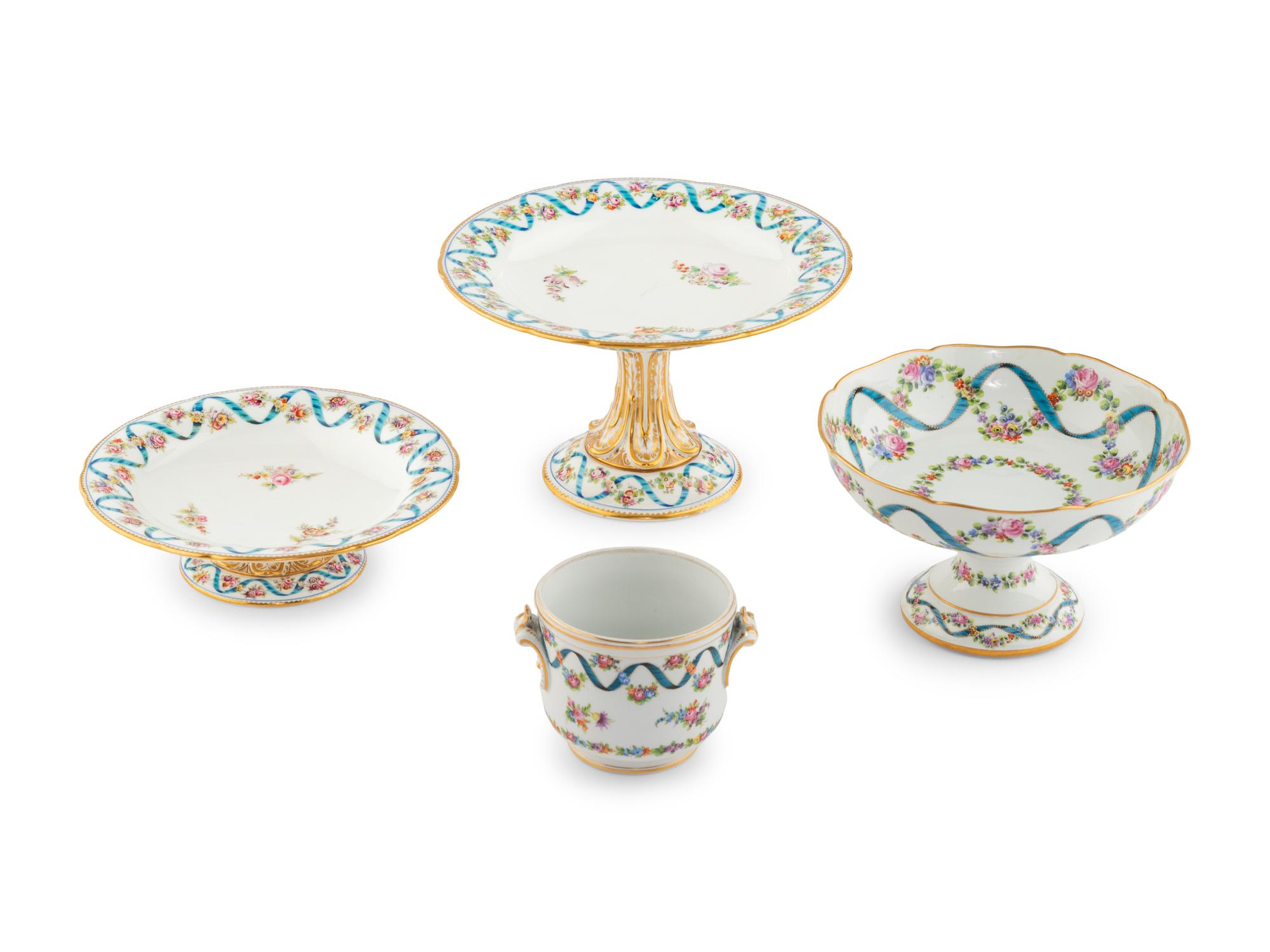 Five Sèvres Style Porcelain Rubans Bleu Céleste Articles