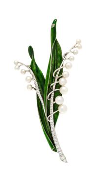 A Platinum, Cultured Pearl, Diamond and Enamel Lily-of-the-Valley Brooch, Udall and Ballou, 12.30 dwts.