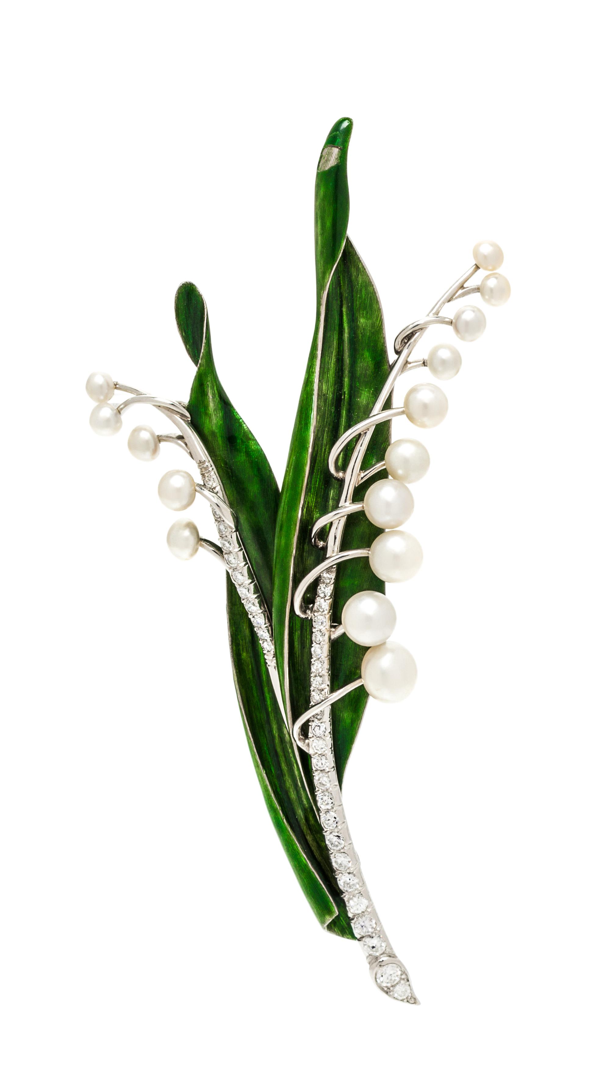 A Platinum, Cultured Pearl, Diamond and Enamel Lily-of-the-Valley Brooch, Udall and Ballou, 12.30 dwts.