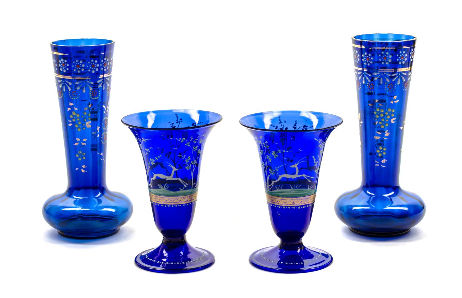 Two Pairs of Enameled Cobalt Glass Vases, attributed to Moser Height of first pair 8 inches. — LATE 19TH CENTURY
