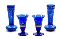 Two Pairs of Enameled Cobalt Glass Vases, attributed to Moser Height of first pair 8 inches. — LATE 19TH CENTURY