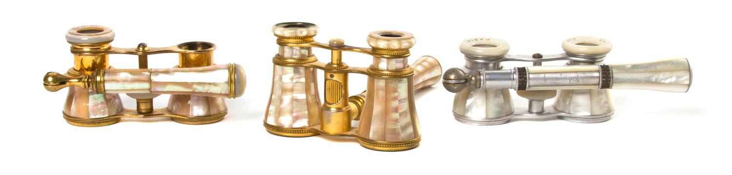 Three Pairs of French Mother-of-Pearl Veneered Opera Glasses, Width 3 7/8 inches.