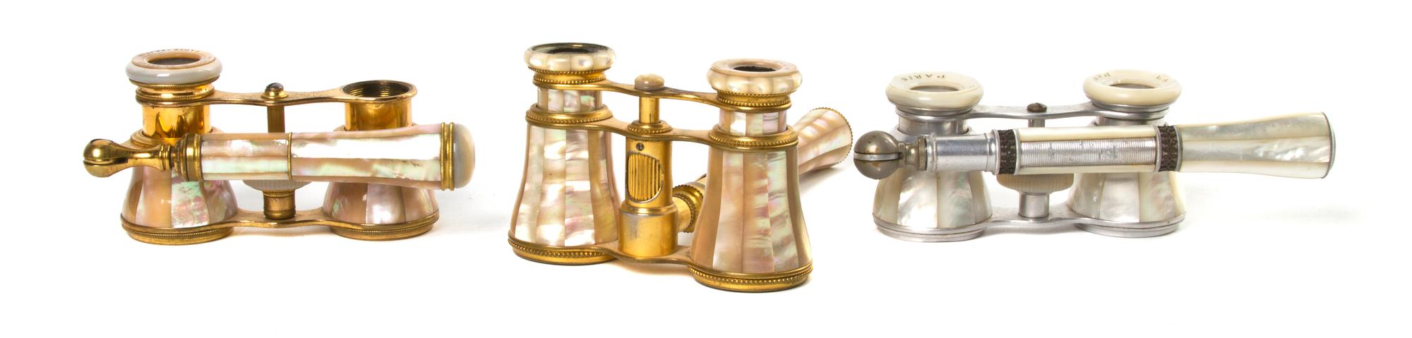 Three Pairs of French Mother-of-Pearl Veneered Opera Glasses, Width 3 7/8 inches.