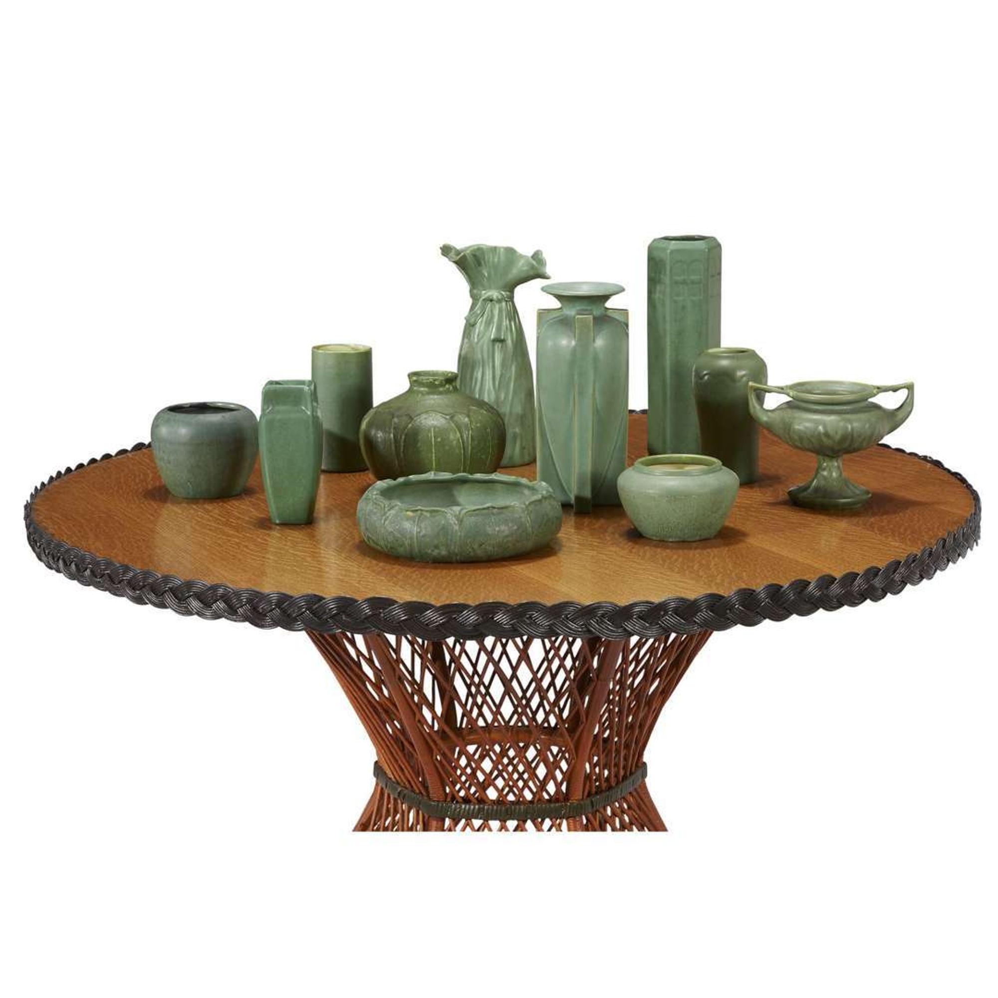 A polychrome painted rattan and oak center table american, circa 1900